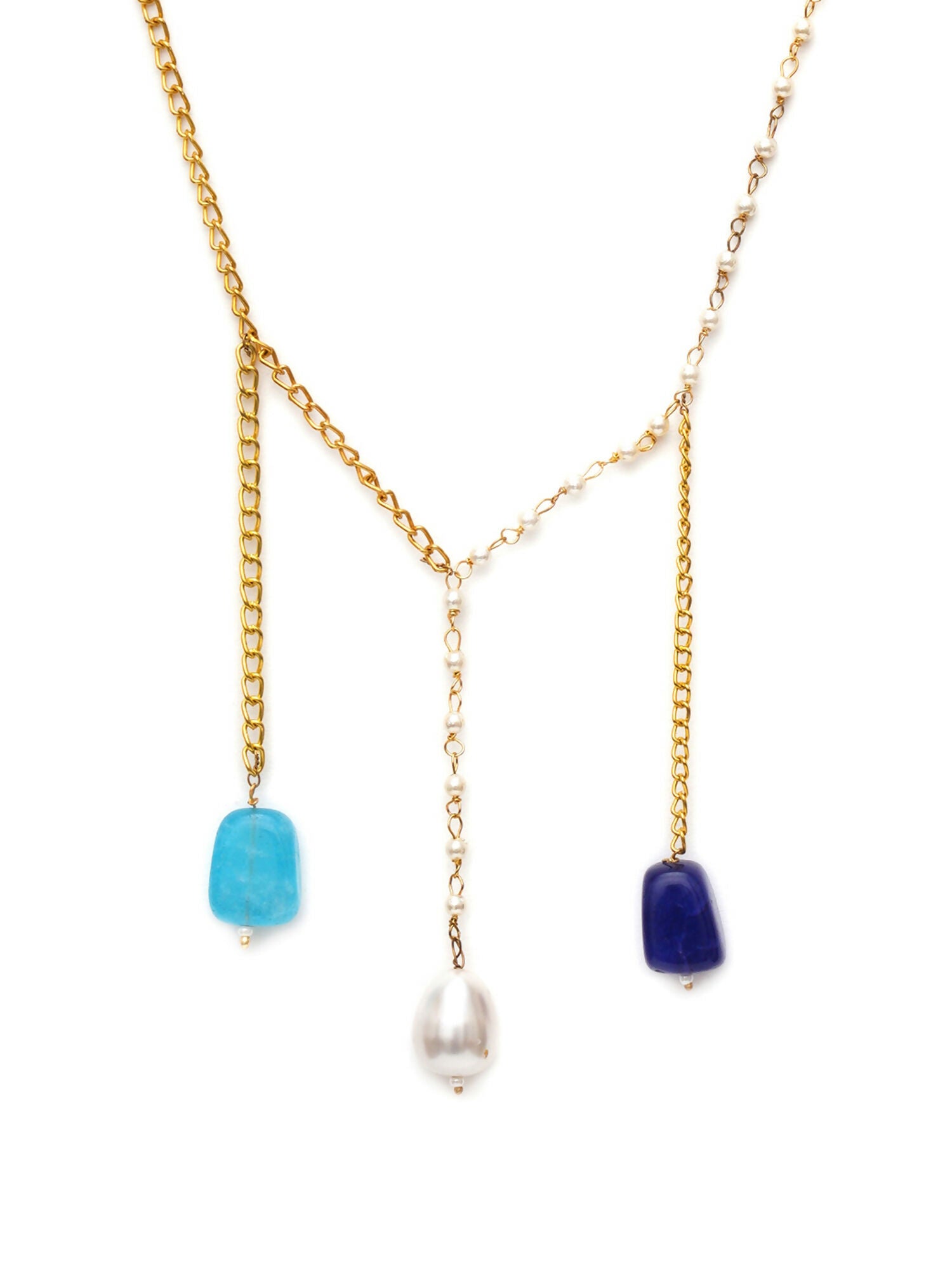 Long Pearl and Gold Chain Neckpiece (Gold) - Ruby Raang - Distacart