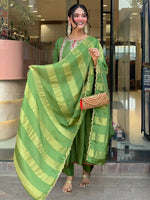Thumbnail for The52 Light Green Women's Gorgeous Embroidered Work Chanderi Fabric Flared Kurta Pant and Dupatta Set - Distacart