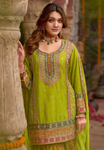 Thumbnail for Anaita Parrot-Green Chinon Readymade Palazzo Suit with Codding Dori & Sequence Work - Distacart