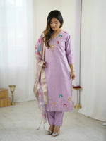Thumbnail for The52 Lavender Women's Gorgeous Embroidered work Viscose Gadhwal Fabric Straight Kurta, Pant and Dupatta Set - Distacart