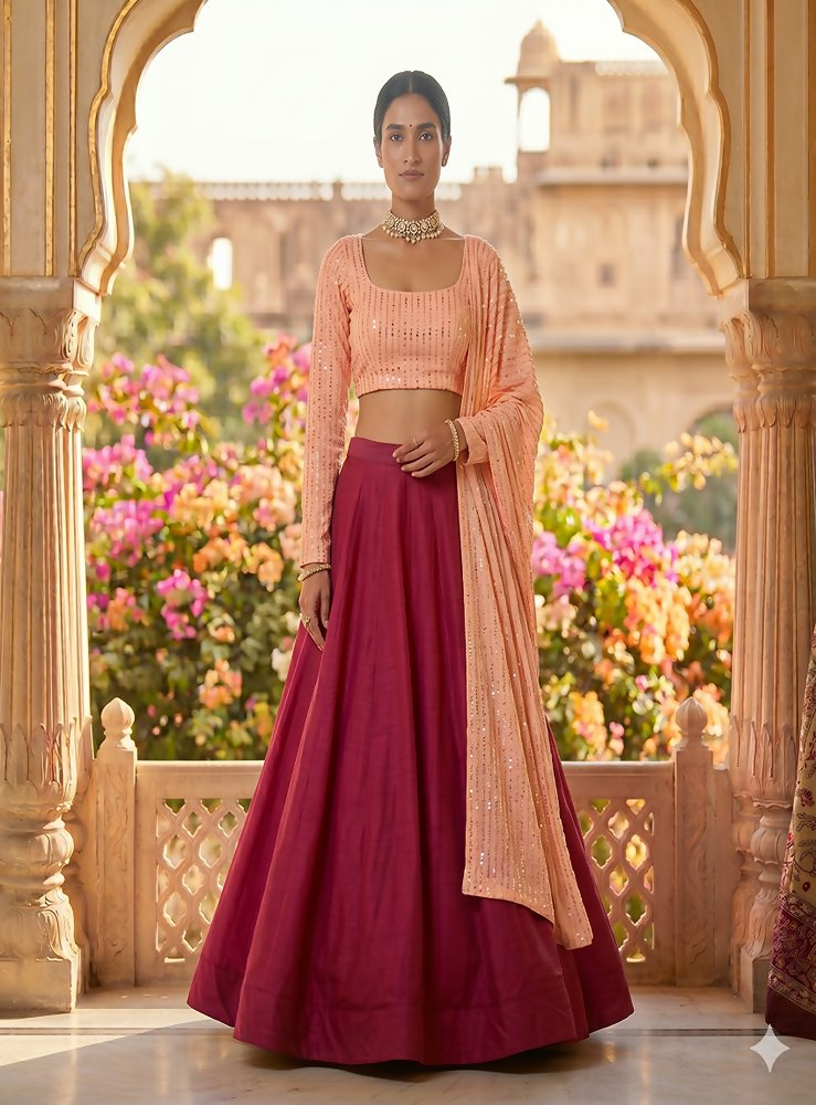 Teeya Creation Women's New Rani Pink Designer Lehenga Choli Set with Sequin Embroidery Work - Dista