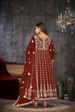 Thumbnail for Jyoti Fashion Women's Maroon Net Embroidered Anarkali Kurta Pant Set With Dupatta - Distacart
