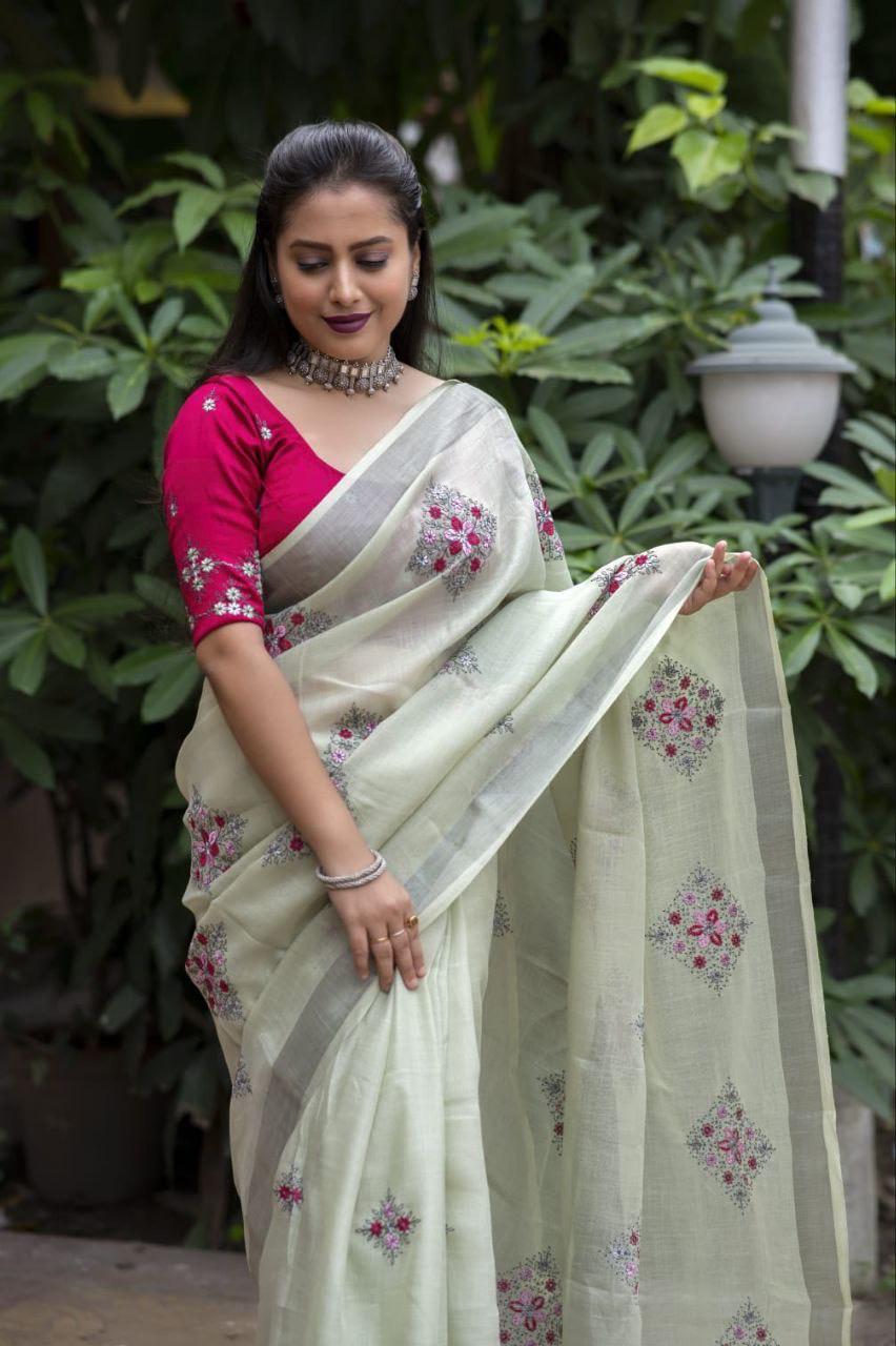 Green Pure Linen Ethnic Motifs Saree with Unstitched Blouse - A2M