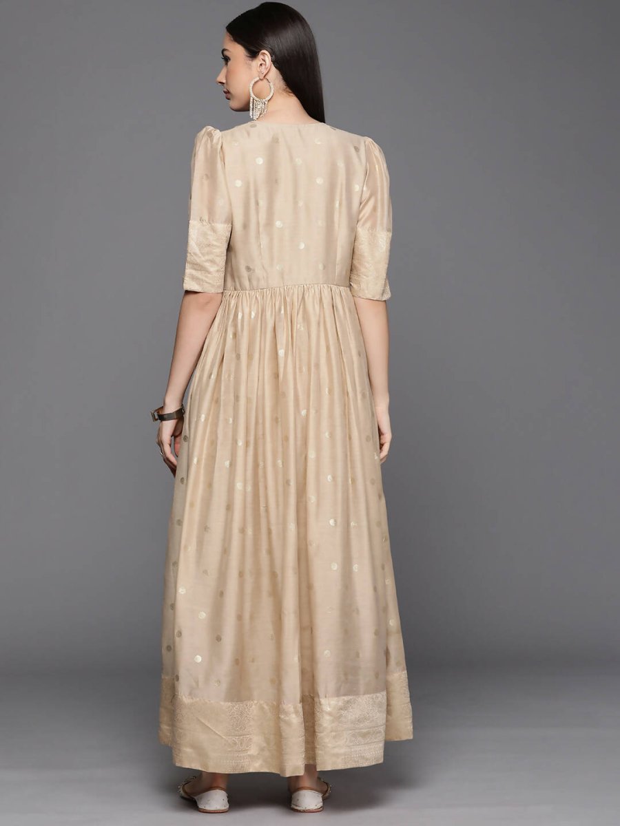 Ahalyaa Women's Beige Chanderi Gold Foil Print Dress - Distacart