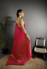 Thumbnail for Joban Fashion Hot Pink Banarasi Soft Lichi Silk Checks & Woven Saree - Distacart