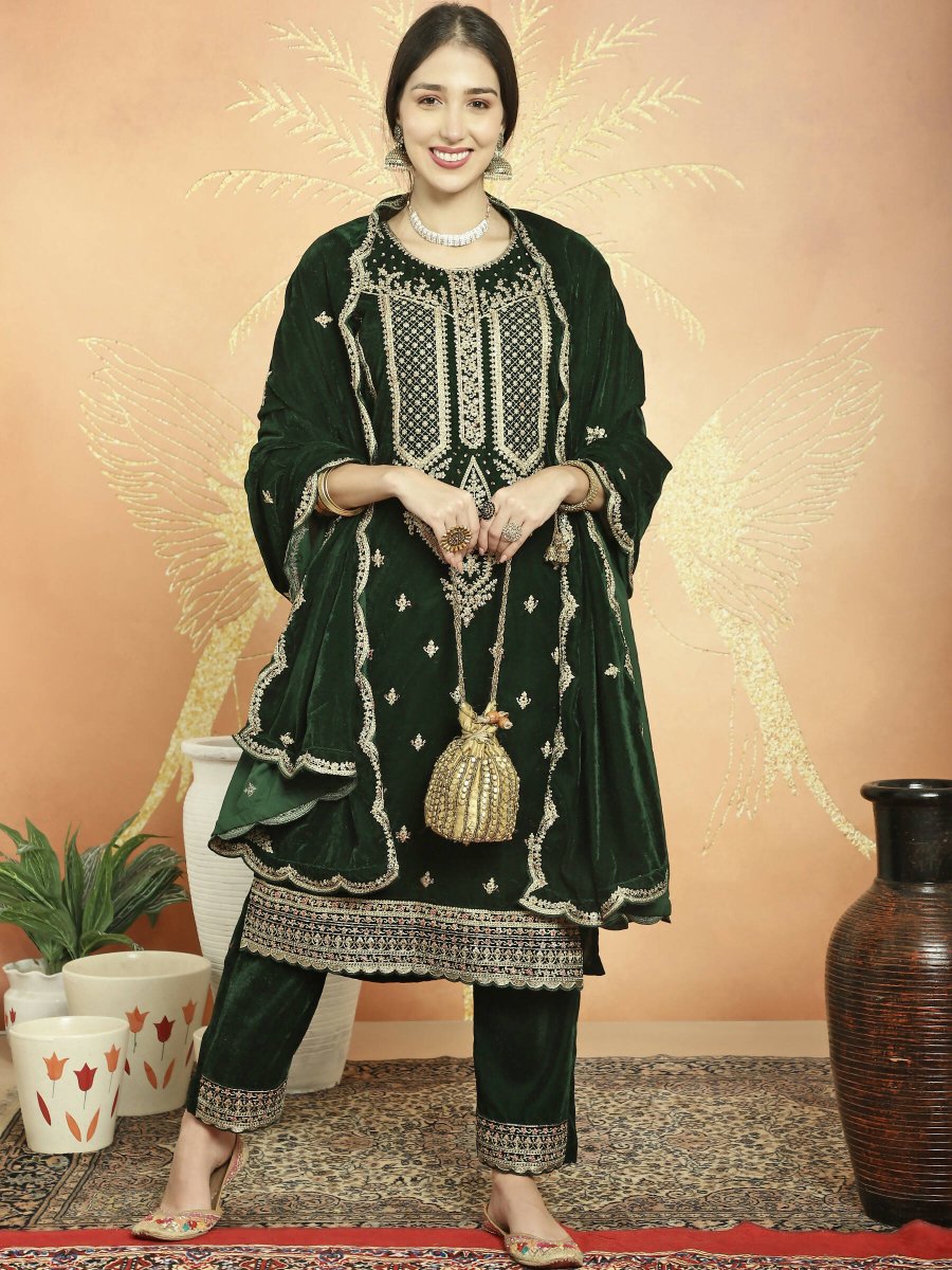 Aastha Fashion Women's Green Velvet Cording with Resham Thread & Sequin Kurta with Trouser & Dupatta - Distacart