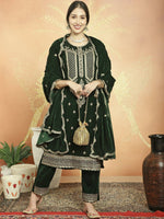 Thumbnail for Aastha Fashion Women's Green Velvet Cording with Resham Thread & Sequin Kurta with Trouser & Dupatta - Distacart