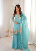 Thumbnail for Teeya Creation Sky Blue Color Soft Crunchy Silk Party Wear Designer Sharara set - Distacart