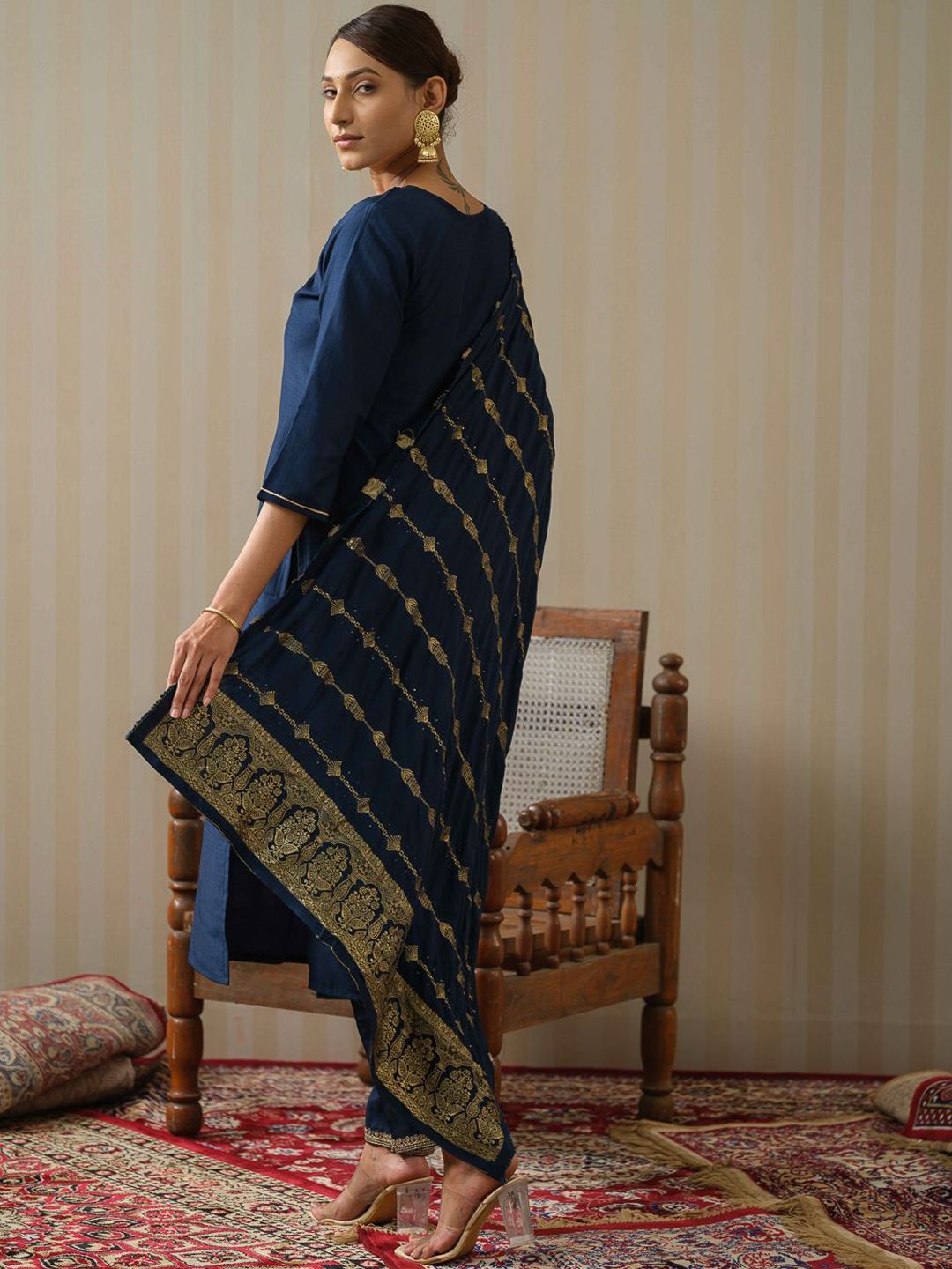 Ode by House of Pataudi Floral Yoke Design Silk Straight Kurta & Trousers With Dupatta - Distacart