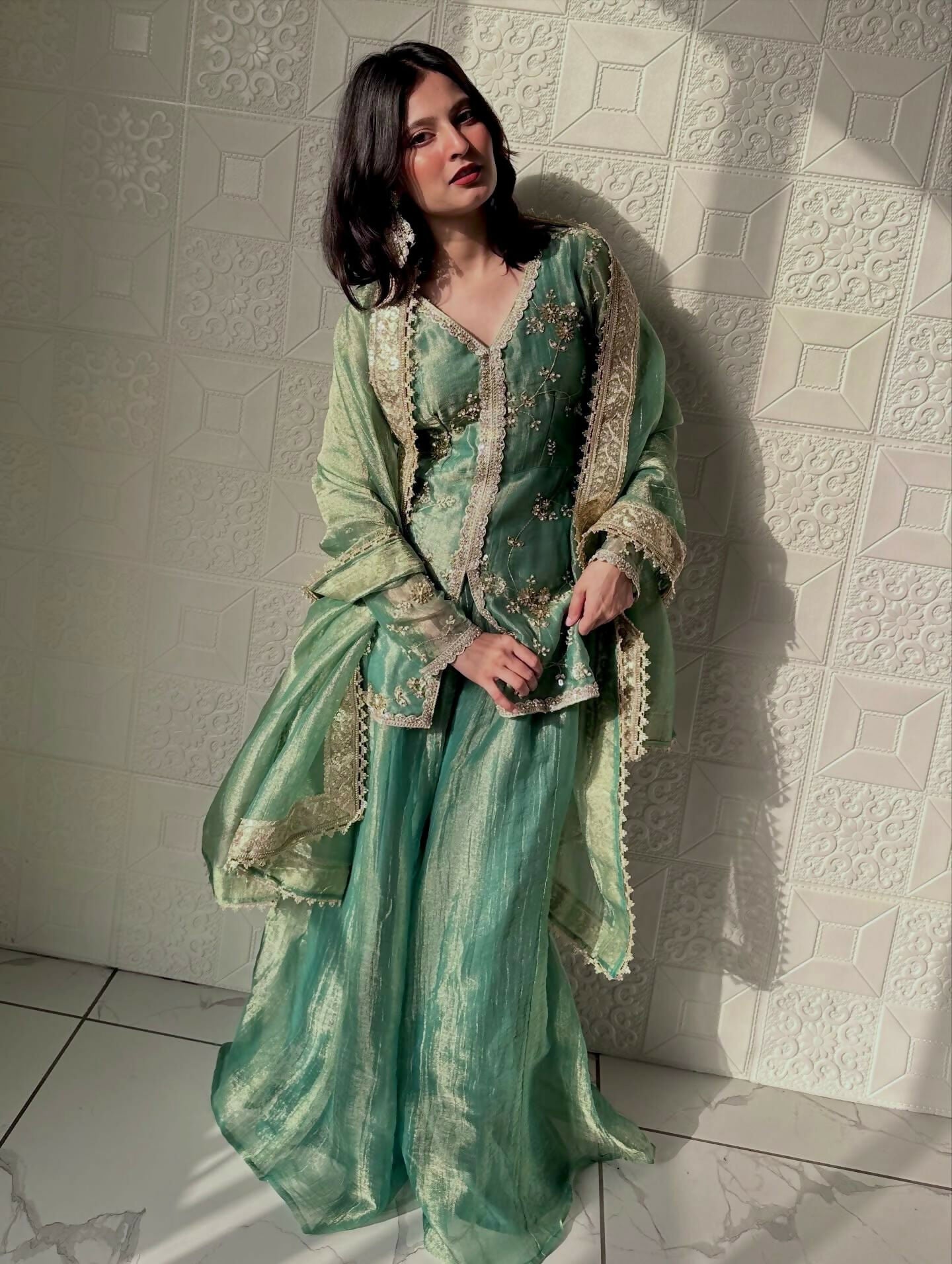 Teeya Creation Womens New Trendy Heavy Embroidery Work Kurta Palazzo Set - Green - Dista