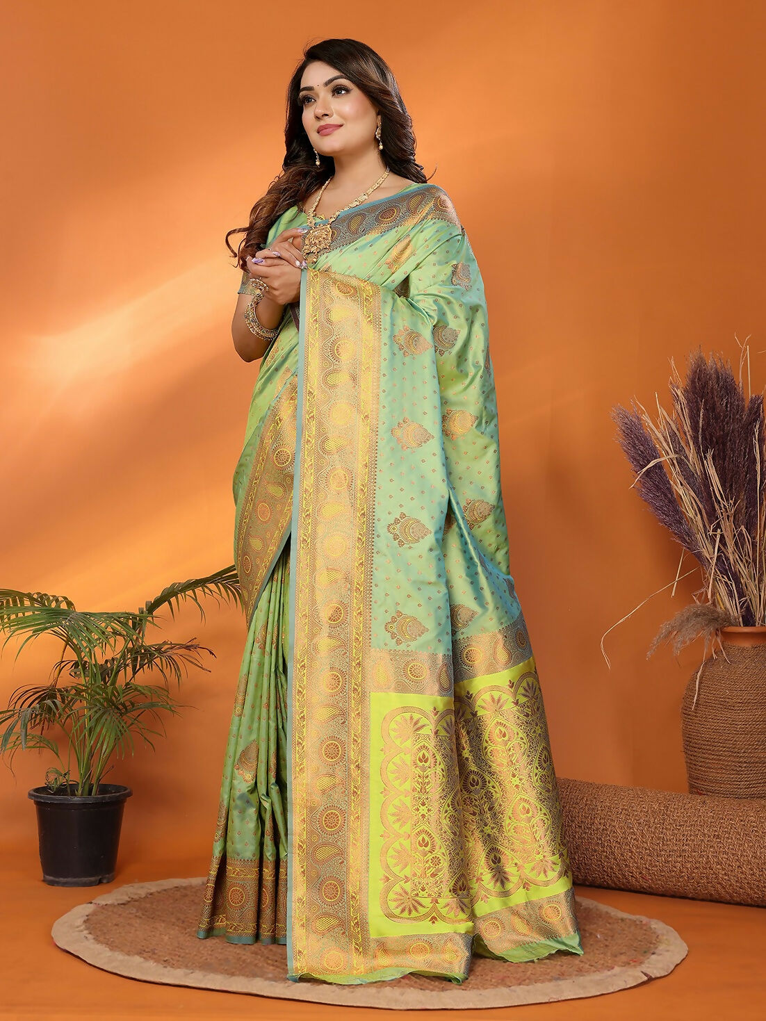 Joban Fashion Banarasi Light Green Woven Soft Silk Saree