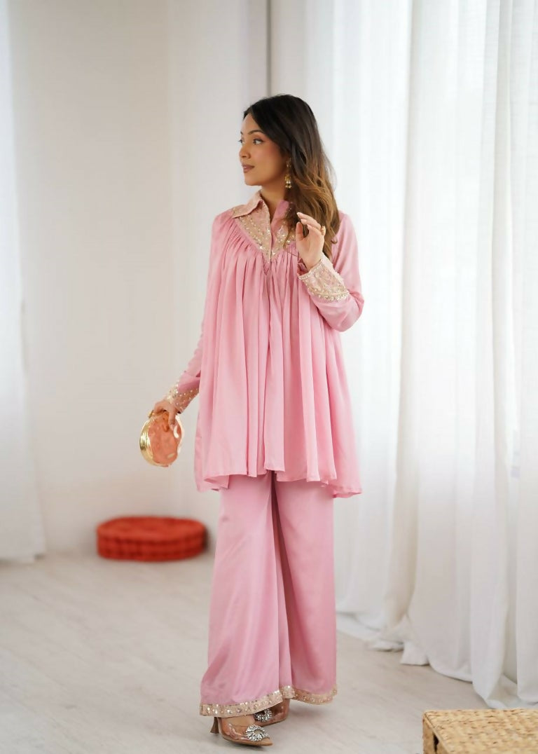 Teeya Creation Baby Pink Heavy Chinnon Silk Embroidery Work Plazo pair