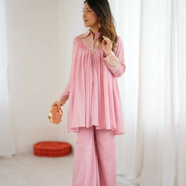 Teeya Creation Baby Pink Heavy Chinnon Silk Embroidery Work Plazo pair