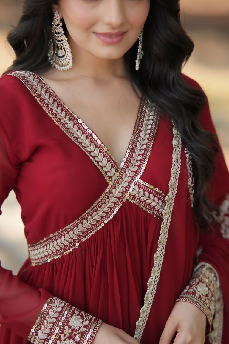 Aastha Fashion Women's Maroon Faux Blooming Embroidery Zari Sequins-work Gown with Dupatta - Distacart