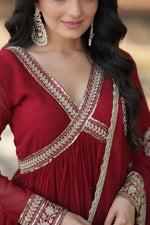 Thumbnail for Aastha Fashion Women's Maroon Faux Blooming Embroidery Zari Sequins-work Gown with Dupatta - Distacart