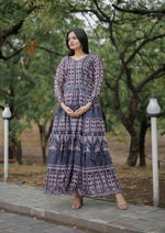 Thumbnail for Jyoti Fashion Women's Navy Blue Heavy Digital Printed Pure Chanderi Anarkali Dress - Distacart