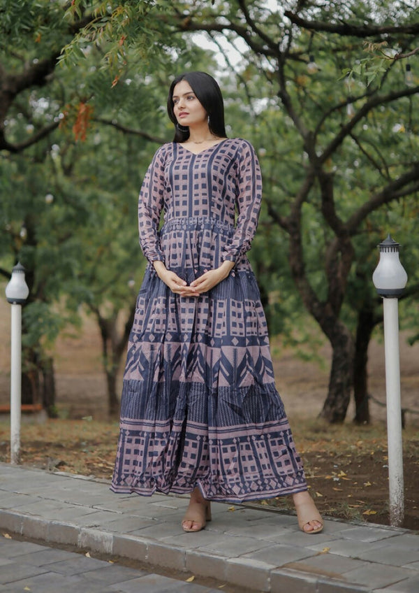 Jyoti Fashion Women's Navy Blue Heavy Digital Printed Pure Chanderi Anarkali Dress - Distacart