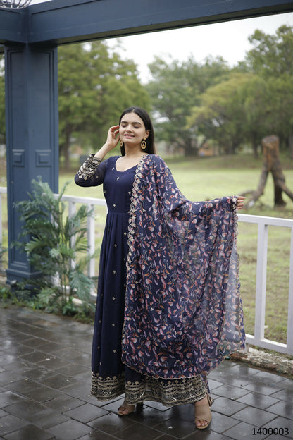 Aayaa Designer Embroidery Zari Sequins-Work Faux Blooming Georgette Suit - Navy Blue - Distacart