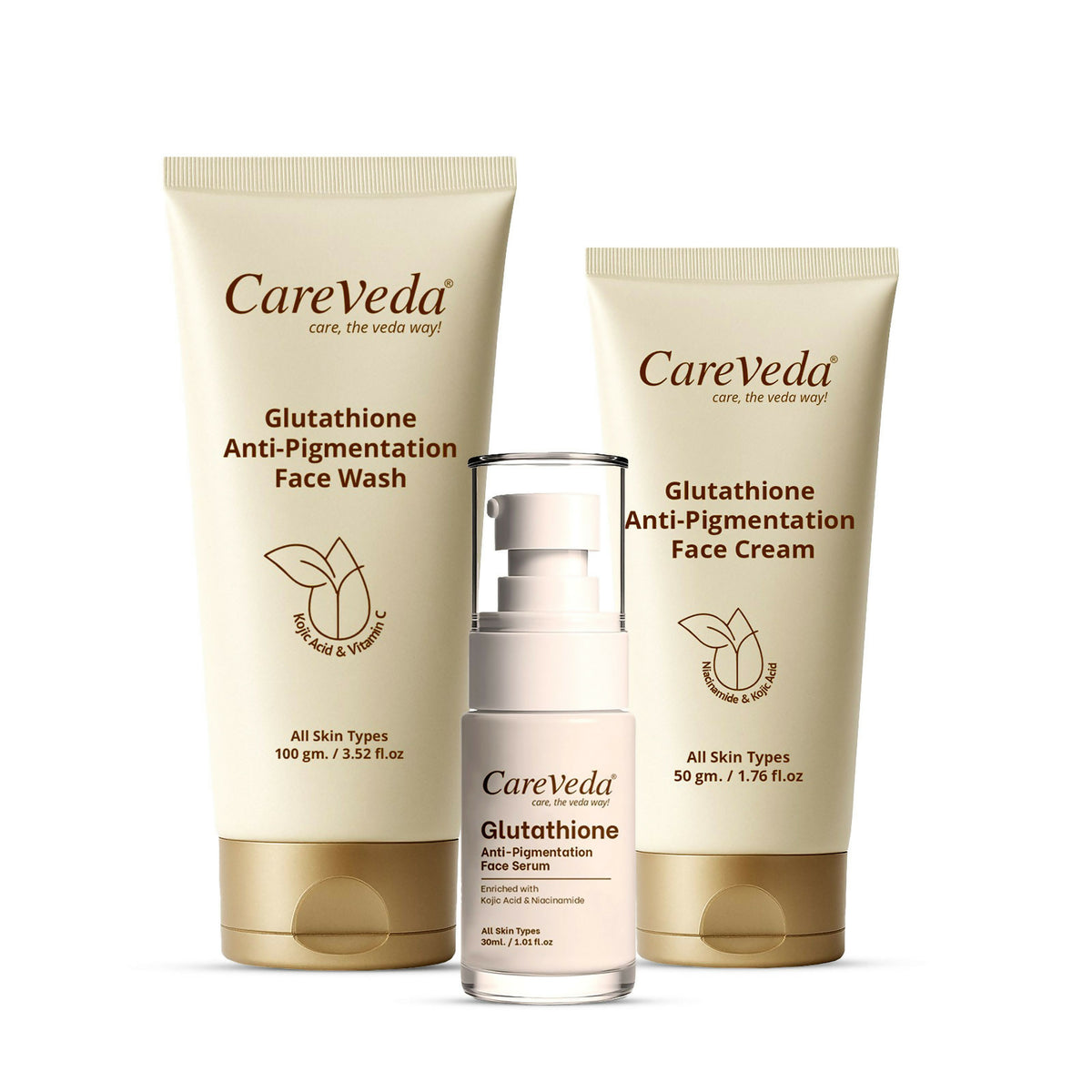 CareVeda Glutathione Skin Care Set of 3 | Face Cream & Face Wash, Face Serum for Bright, Even-Toned Skin | Anti-Pigmentation & Glow Boost | For Men & Women - Dista
