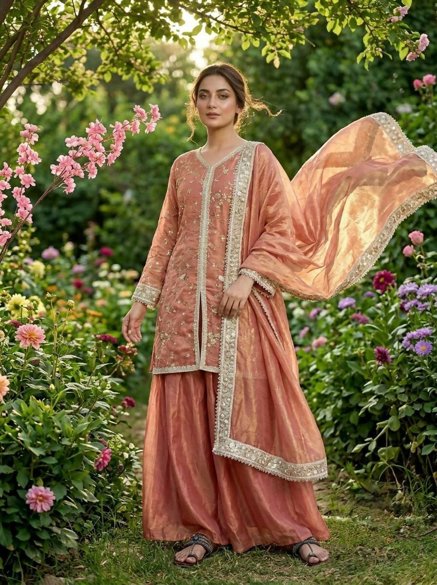Teeya Creation Womens New Trendy Heavy Embroidery Work Kurta Palazzo Set - Orange - Dista