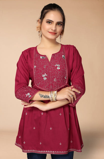 Women's Maroon Viscose blend Embroidered Short Top - Marina - Distacart
