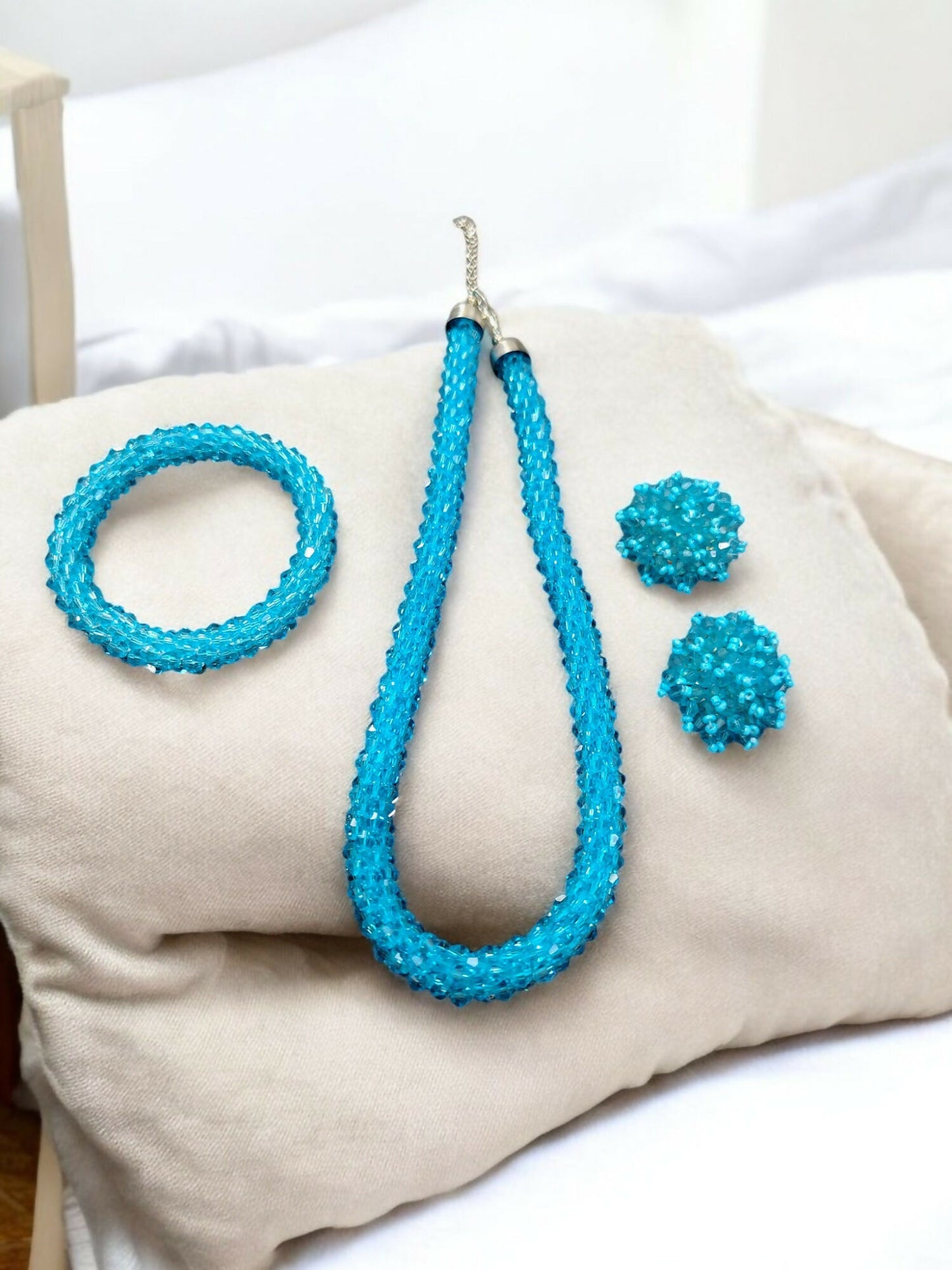 Inhanns Complete Look Crystal Statement 3-Piece Set (Adjustable Necklace + Earrings + Adjustable Bangle ) - Sky Blue - Distacart