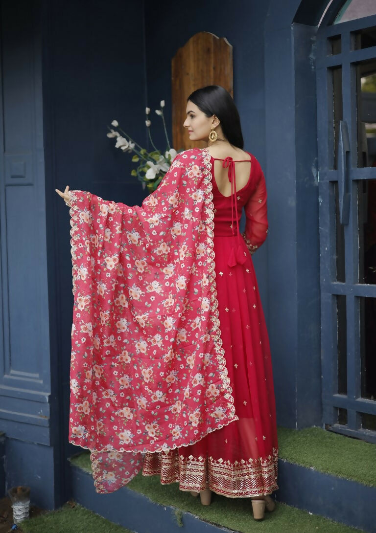 Jyoti Fashion Women's Red Faux Blooming Sequins with Zari Embroidery Anarkali Dress with Dupatta - Distacart