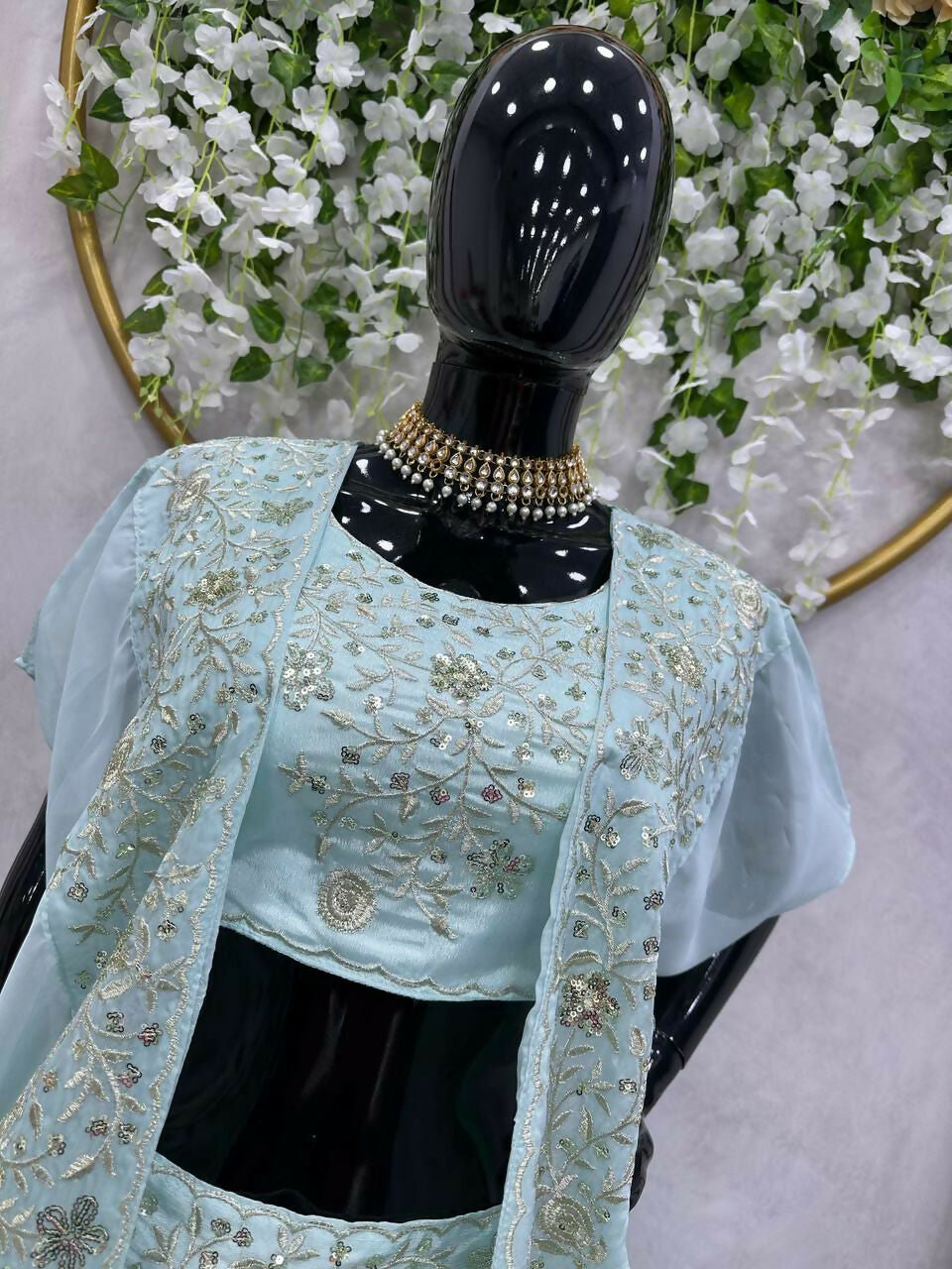 Jyoti Fashion Women's Sky Blue Chinon Sequins with Thread Embroidered Designer Lehenga Choli with Shrug Set - Distacart