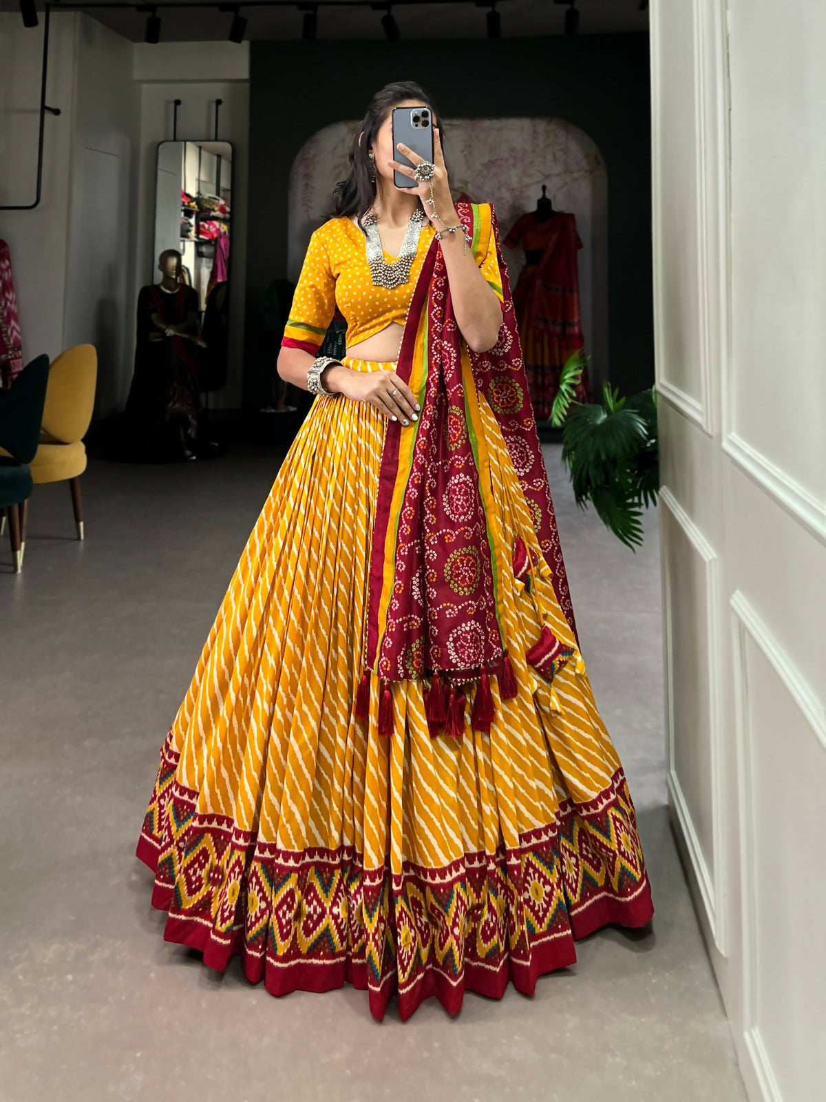 Vastranavya Cultural Leheriya With Patola Print Border Tussar Silk Lehenga Choli - Yellow - Distacart