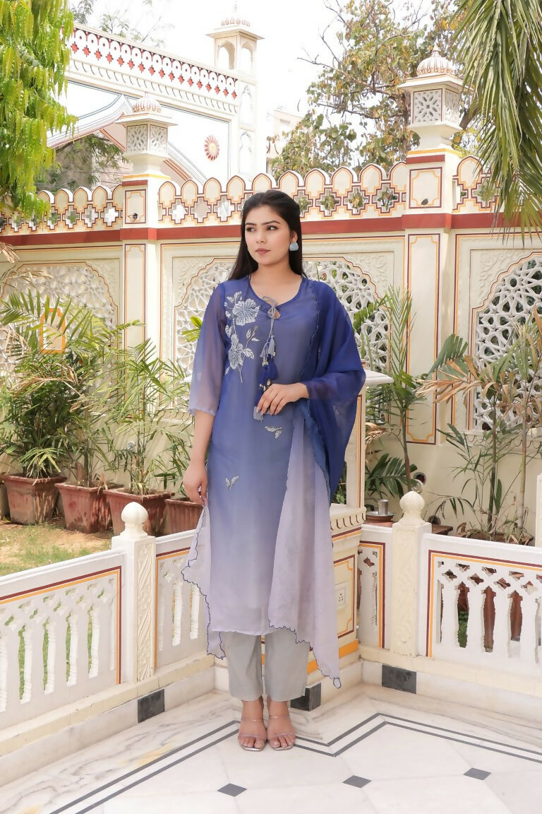 Vaasva Women Blue Tabby Slik Print & Embroidered Kurta, Pant & Dupatta Set - Distacart