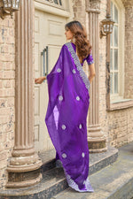 Thumbnail for Vastranavya Purple-Blue Embroidery Work Shimmer Chiffon Saree with Unstitched Blouse
