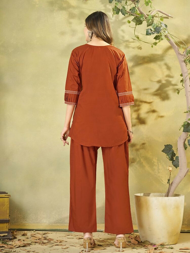 Teeya Creation Orange Embroidered Cotton Co-ord Set for Women - Dista