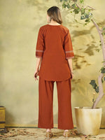 Thumbnail for Teeya Creation Orange Embroidered Cotton Co-ord Set for Women - Dista
