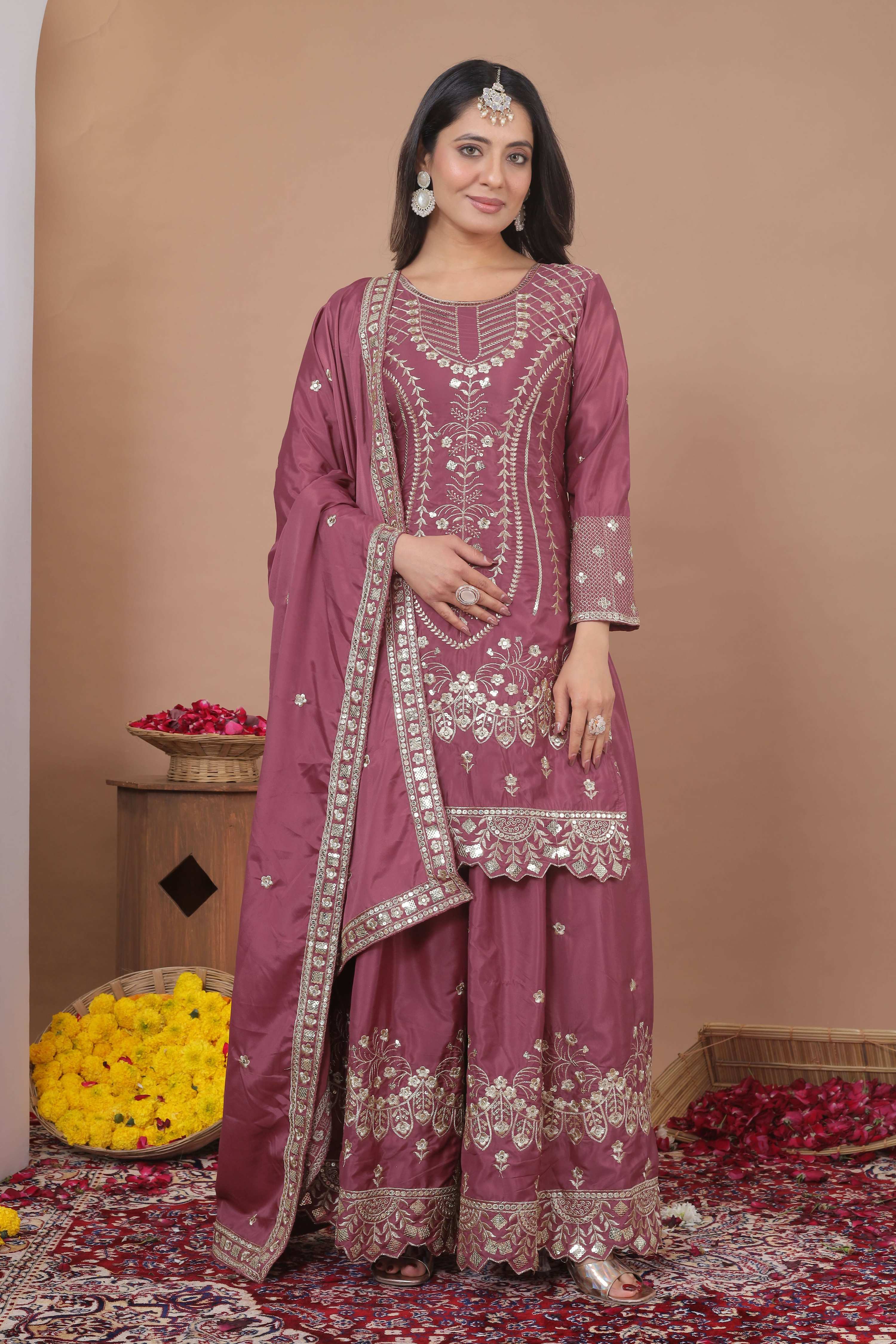 Lehenga Mart Designer Sharara Suit With Kurta, Sharara, Dupatta For Women-Mauve - Distacart