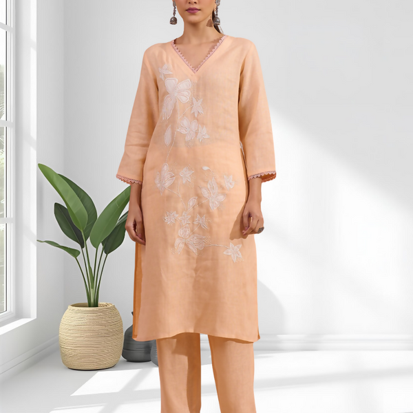 Joban Fashion Coral Linen Embroidered Readymade Long Kurta With Pant - Distacart