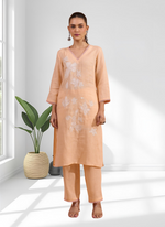 Thumbnail for Joban Fashion Coral Linen Embroidered Readymade Long Kurta With Pant - Distacart