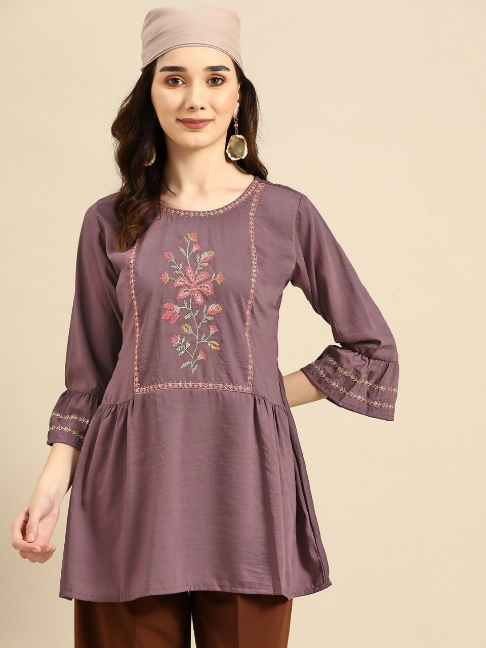 Women's Purple Viscose blend Embroidered Short Top - Marina - Distacart