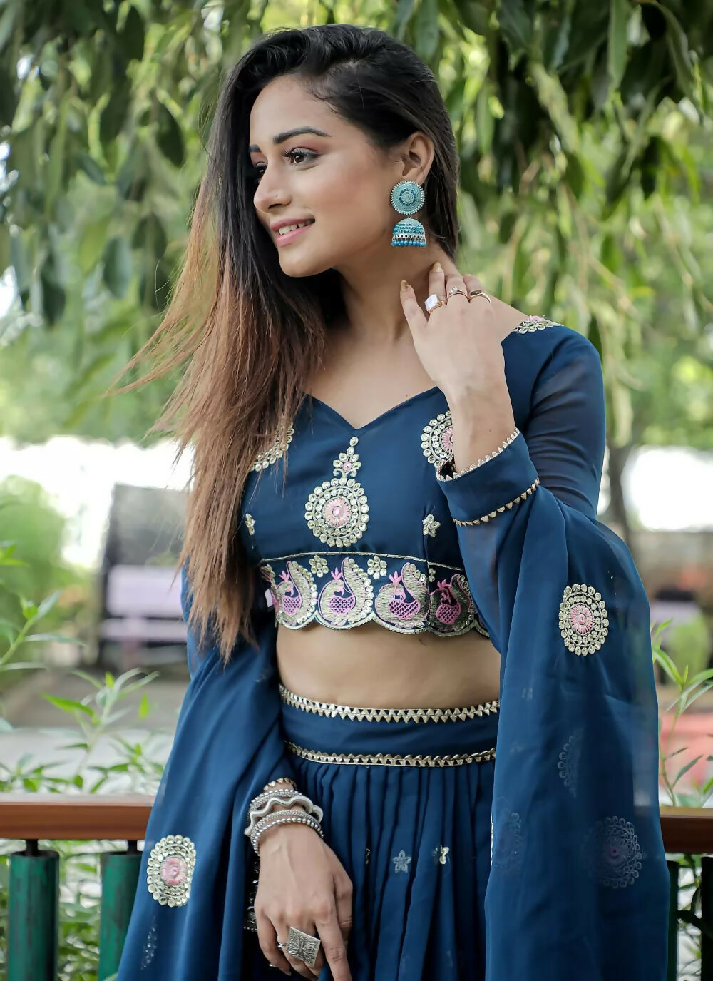 Jyoti Fashion Blue Sequence with Thread Zari Embroidery Georgette Lehenga Choli with Dupatta - Distacart
