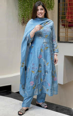 Thumbnail for The52 Blue Women's Beautiful Cotton Fabric Thread Work Straight Kurta, Pant and Dupatta Set - Distacart