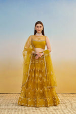 Thumbnail for Aastha Fashion Mustard Yellow Butterfly Net Tone To Tone Cotton Thread Work And Sequence Work Embroidery Wedding Wear Lehenga Choli - Distacart