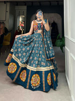 Thumbnail for Vastranavya Navaratri Special Pure Rayon Printed With Foil Work And Gamthi Patch Work With Lace Touch Up Lehenga with Stitched Blouse - Teal - Distacart