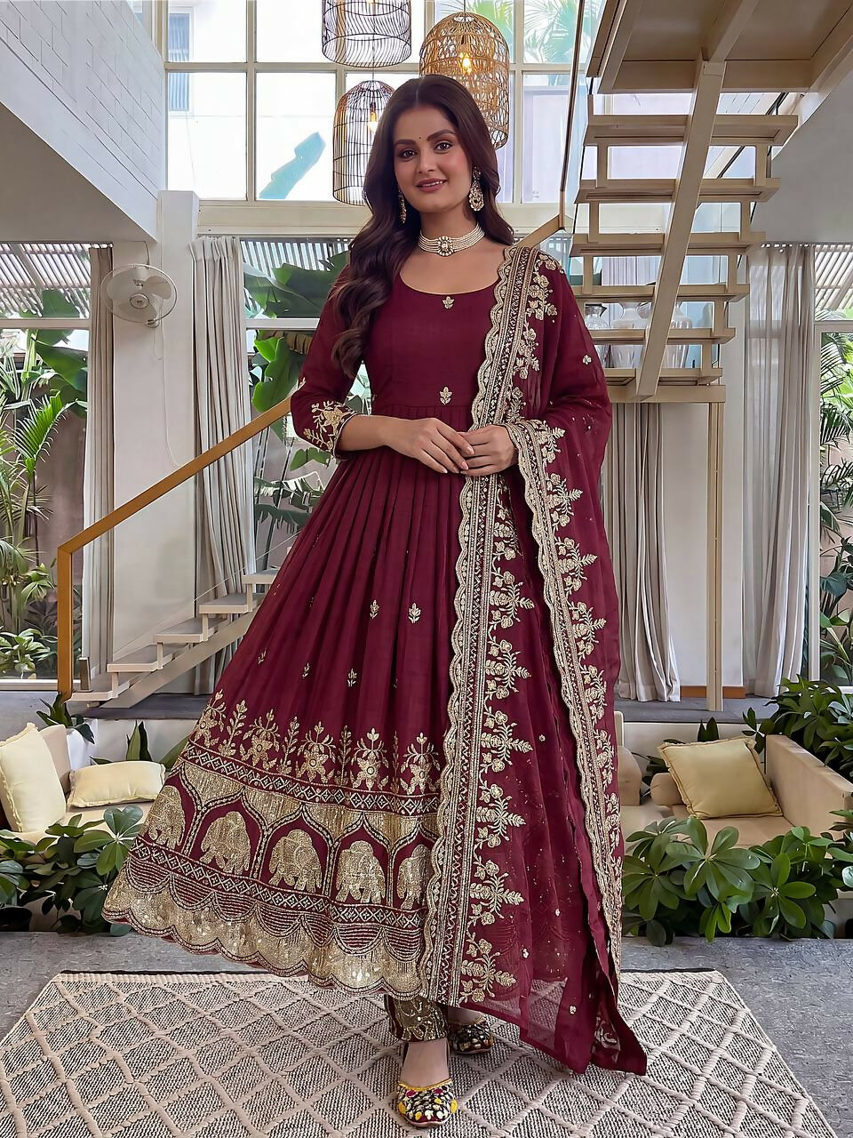 Teeya Creation New Trendy Stylish Wedding Wear Embroidered Anarkali Set - Maroon - Dista