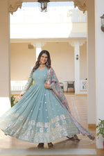 Thumbnail for Jyoti Fashion Women's Sky Blue Faux Georgette Sequins Zari Embroideredy Anarkali Dress with Dupatta - Distacart