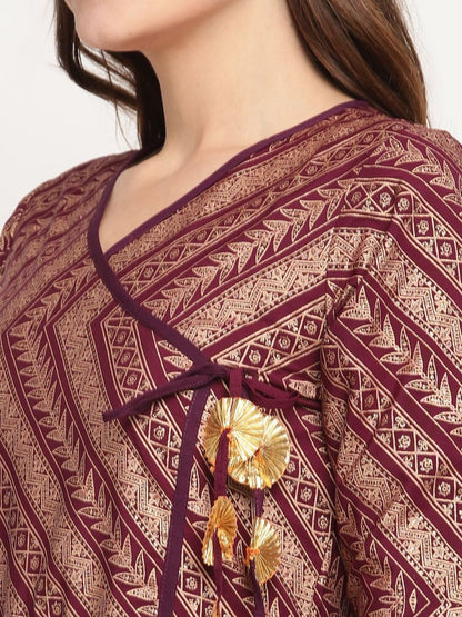 Ahalyaa Women Crepe Wine Colour Glitter Print Kurta