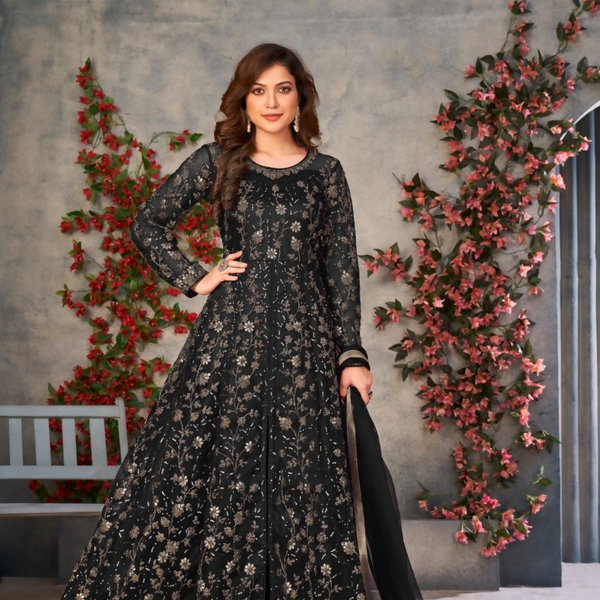 Anaita Black Embroidered Net Stitched Anarkali suit - Distacart