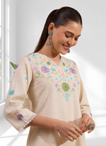 Thumbnail for Joban Fashion Cream Linen Embroidered Readymade Cord Set - Distacart