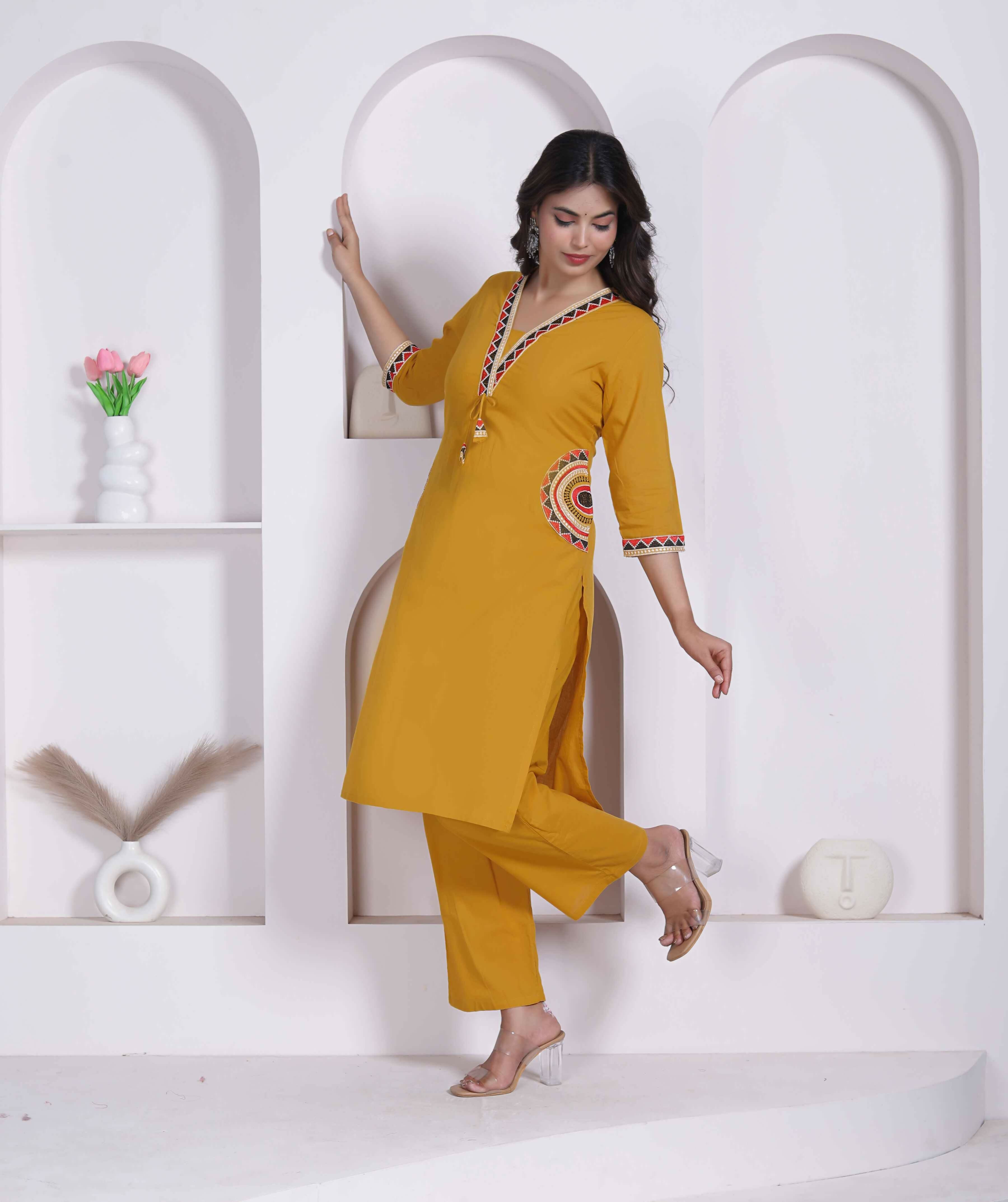 Miravan Womens Yellow Kurta And Palazzo Set - Dista