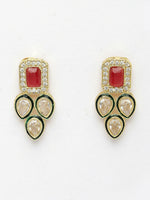 Thumbnail for NVR Women's Set of 2 Red & Gold Kundan Studded Jewellery Set Choker & Long Necklace With Earrings - Distacart