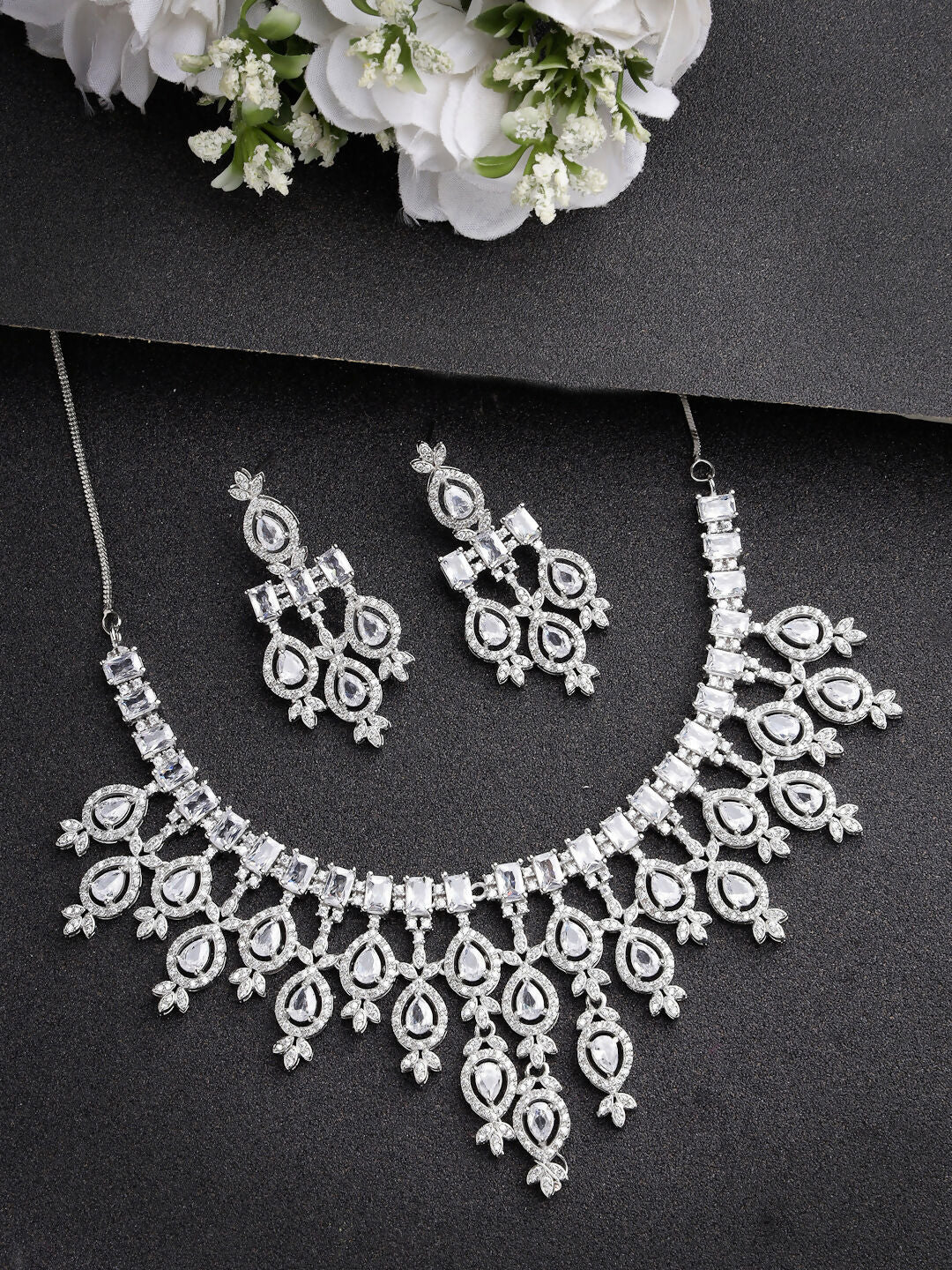 NVR Women's Silver-Plated Cubic Zirconia Studded Handcrafted Jewellery Set - Distacart