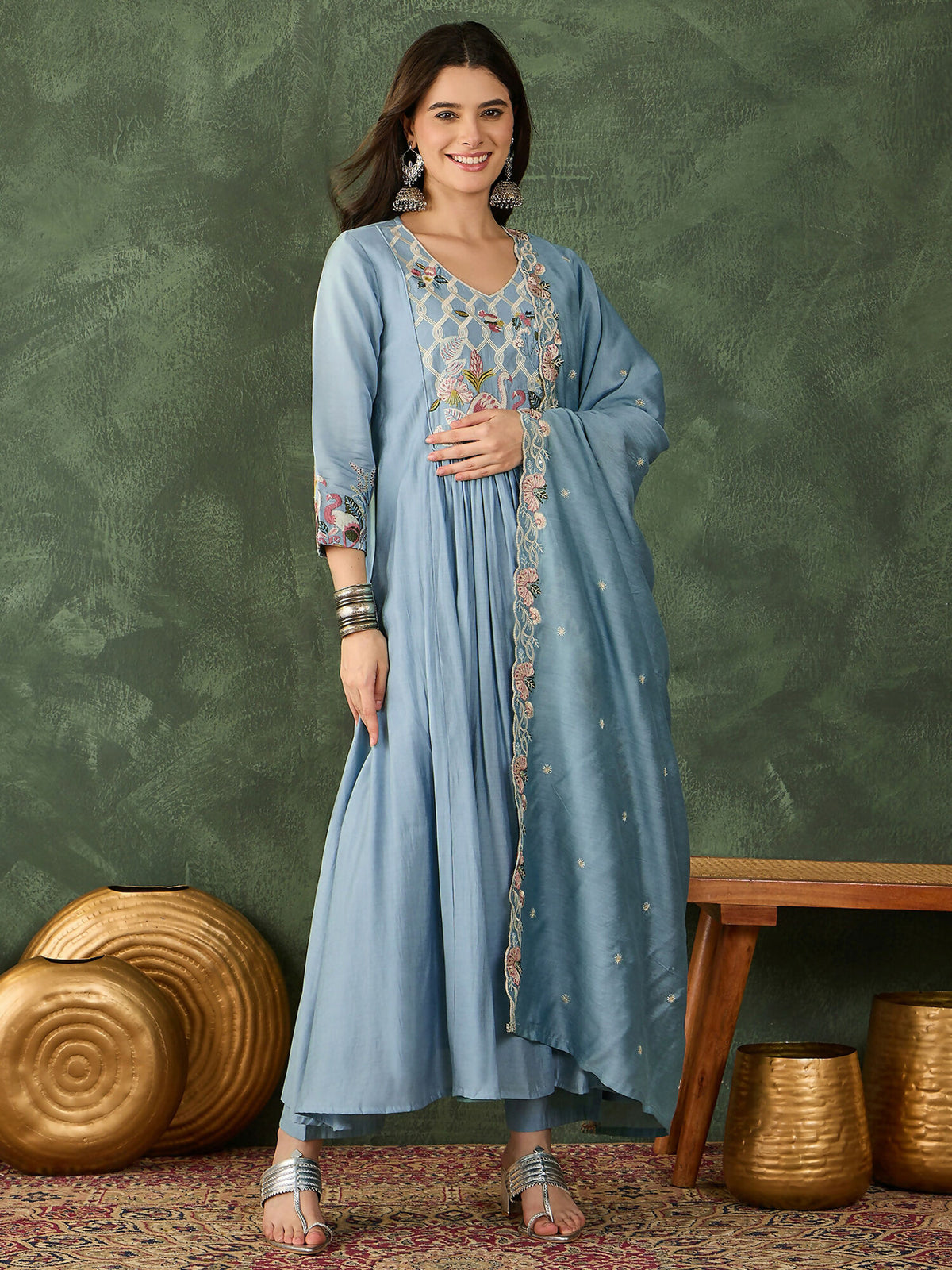 The52 Women's Beautiful Embroidery Work Silk Fabric Flared Kurta Pant and Dupatta Set-Sky - Dista